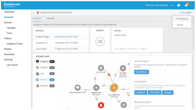 Figure 2. The Incident details page provides a clear overview of the “Blast radius” of the incidents. The practitioner can easily acquire supporting evidence and respond.